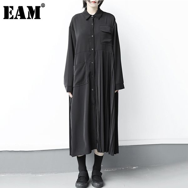 

[eam] women black brief pleated big size dress lapel long sleeve loose fit fashion spring summer 1x315 210512, Black;gray