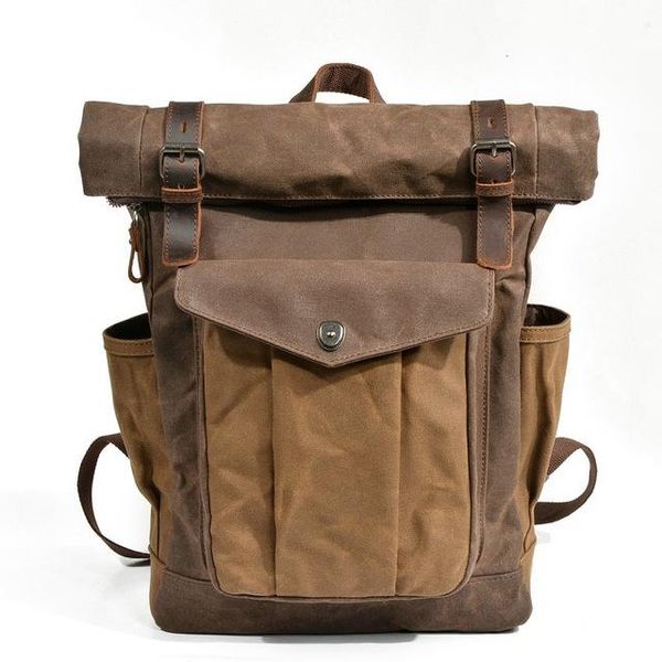 

backpack vintage oil waxed canvas leather large capacity teenager traveling waterproof daypacks 14" lap rucksack