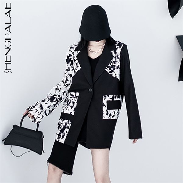 

irregular patchwork printed blazer women's spring notched loose single button long sleeve suit coat 5b891 210427, White;black