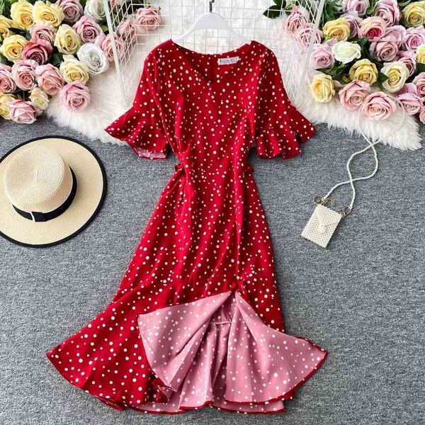 Coreano Rosso Elegante Vestito Sexy Delle Donne di Estate Della Spiaggia Con Scollo A V A Pois Midi A Coda di Pesce Vita Spaccata Abiti Vestiti 210420