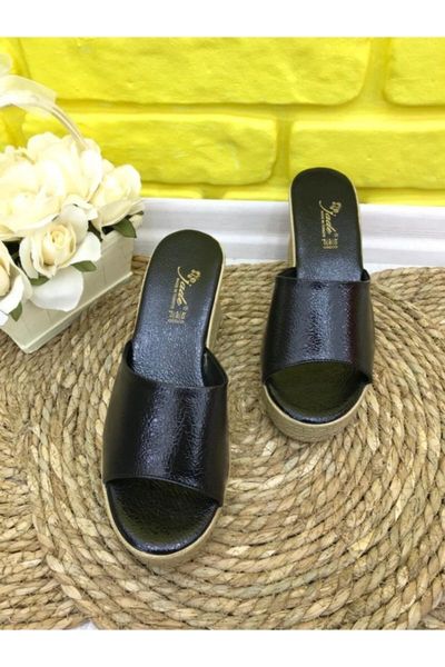 

slippers -women's straw pattern 8 cm wedges single band break patterned black