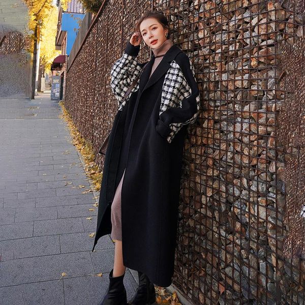 

women's wool & blends 2021winter woolen coat female long fashion korean loose plaid stitching warm soft quality women jacket 99m, Black
