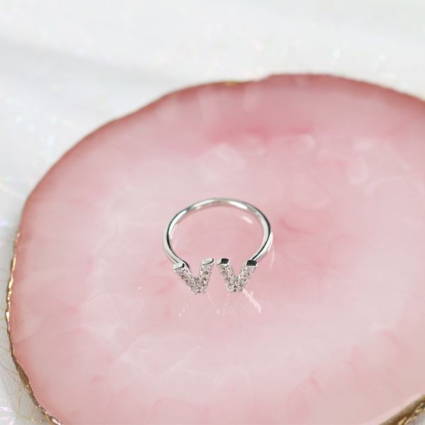 

simple geometric v-shaped copper alloy open-end zircon ring women, Silver
