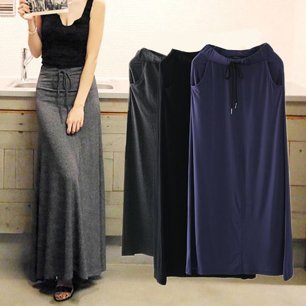 

skirts modal a-line maxi long pockets draw string pleated cotton navy gray xzhk, Black