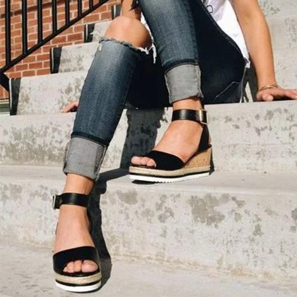 

women standals female ankle strap casual ladies buckle shoes women's comfortable wedges woman platform summer footwear plus size sandal, Black