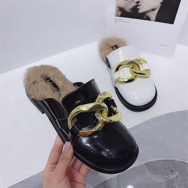 

slippers 2021 fall metal buckle baotou half female muller shoes fashion all-match lazy warm wool, Black