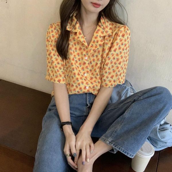 

women's t-shirt floral print short sleeve ladies summer v-neck loose tees women clothing korean chic single-breasted t shirts female, White