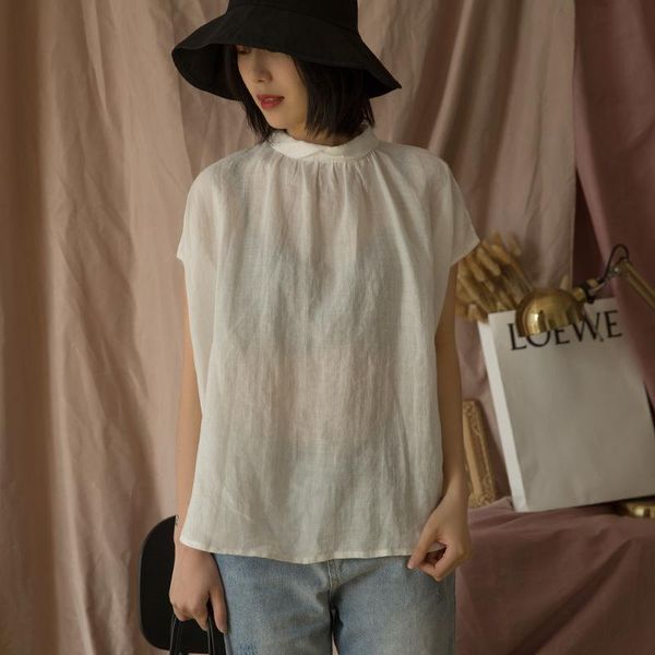 

women's blouses & shirts johnature 2021 ramie women solid color loose vintage casual turn-down collar short sleeve simple, White