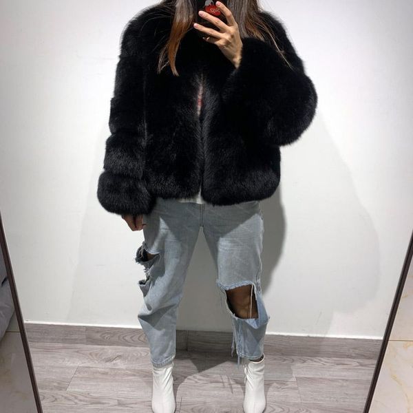 

women's fur & faux women natural jacket ladies real coat, Black