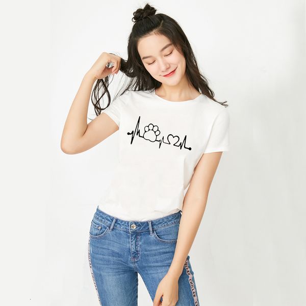 

women's t-shirt summer women's fashion ecg cartoon footprints printed short-sleeved casual loose large yards harajuku t-shirt wt, White