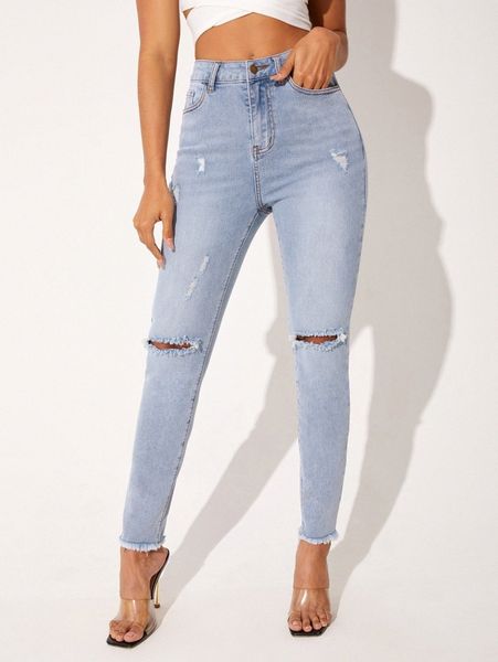 

high waist ripped raw hem skinny jeans n1yw#, Blue