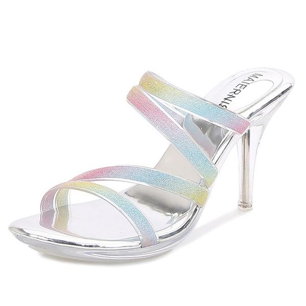 

ladies slippers stiletto crystal high heel sandals and transparent for outer wear, Black
