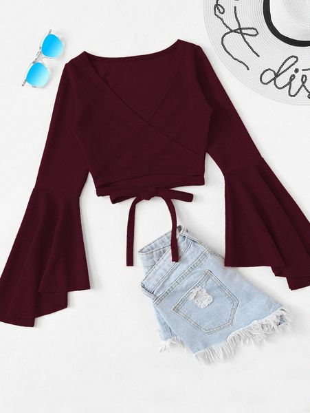 

bell sleeve self-tie crop d55k#, White