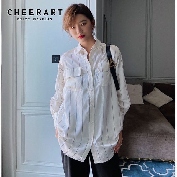 

open back lantern sleeve white shirt women long and blouses striped casual ladies korean blouse fall 210427