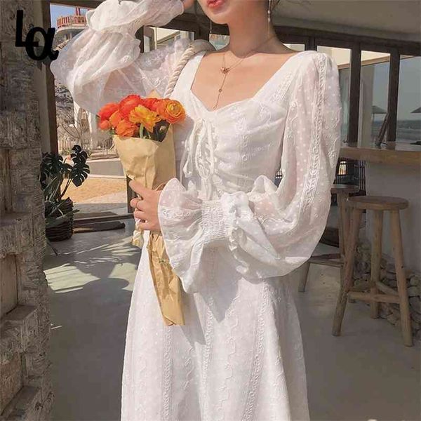 

autumn style french retro elegant lace dress women trumpet sleeve drawstring waist slimming female 210519, Black;gray