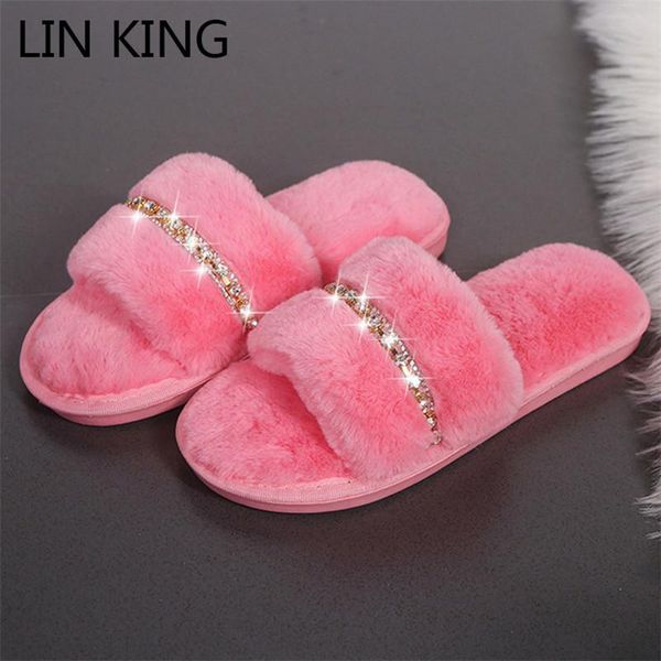 

women rhinestone slippers warm plush winter shoes house indoor floor slip on flat woman slides soft sole home, Black