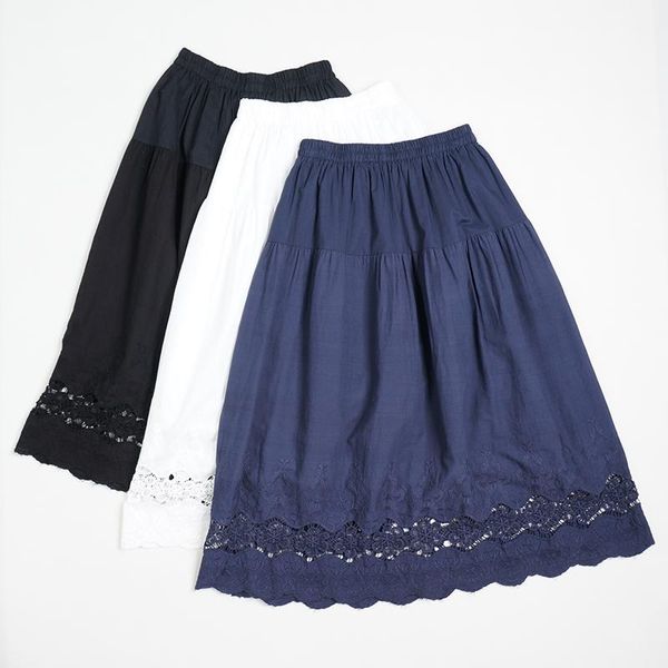 

skirts summer japanese mori female hollow embroidery hem skirt retro all-match solid color stitching pleated a-line, Black
