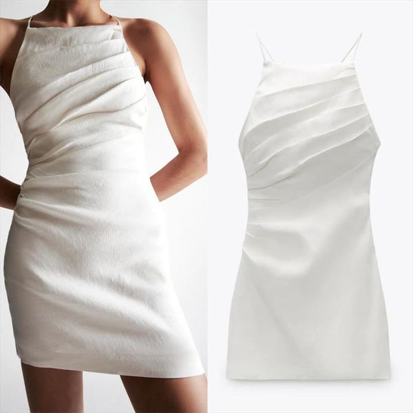 

za pleated white ruched short women dresses slip mini backless summer ladies elegant, Black;gray