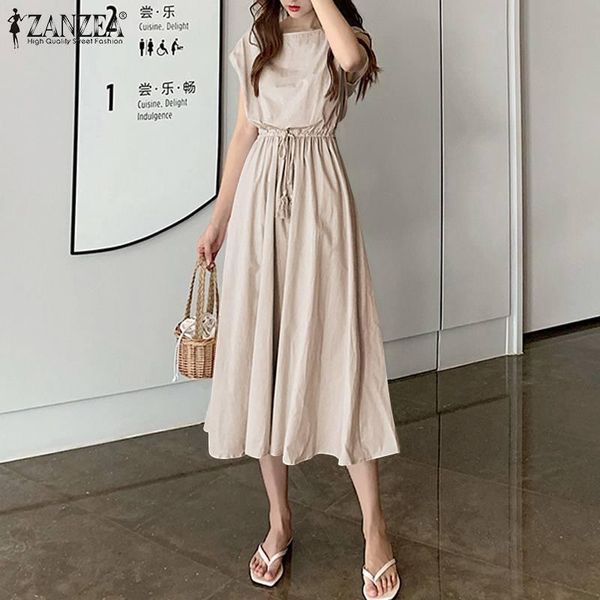 

casual dresses zanzea women' summer dress elegant o neck party short sleeve lace up cotton midi sundress plus size femme vestido, Black;gray