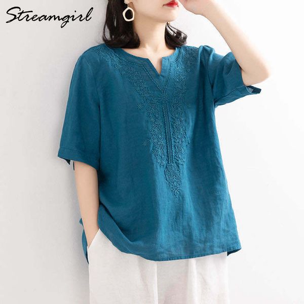 

womans plus size cotton linen blouse women summer loose v neck embroidery blouse short sleeves linen shirt women 210421, White