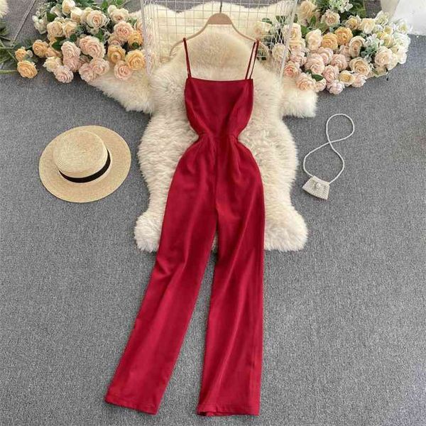 

women fashion backless waist-thin jumpsuit holiday simple solid color wide-leg overalls s183 210527, Black;white