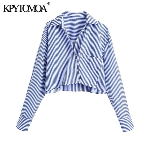 

women fashion with pockets striped cropped blouses vintage long sleeve button-up female shirts blusas chic 210420, White