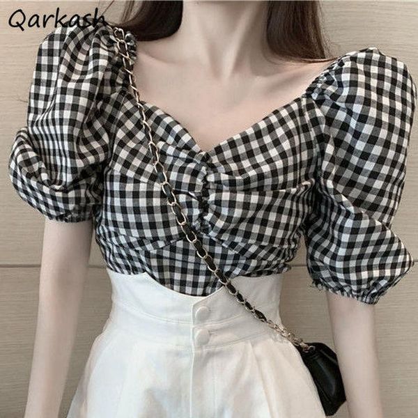 

women's blouses & shirts plaid women slim fashion summer square collar ins crops basic all-match street style korean student feminino, White