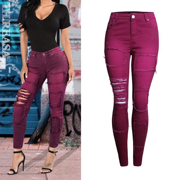 

women's pants & capris spring and autumn fashion pencil elastic slim wine red with holes patchwork solid color leggings, Black;white