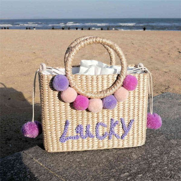 

shopping bags plush ball embroidery straw women handbag tote handwoven rattan shoulder designer messengr travel beach purse 220301