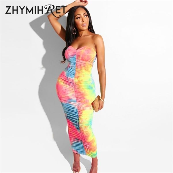 

zhymihret 2021 summer neon green tube dress women ruched long bandage dress strapless bodycon tie dye party vestidos, Black;gray