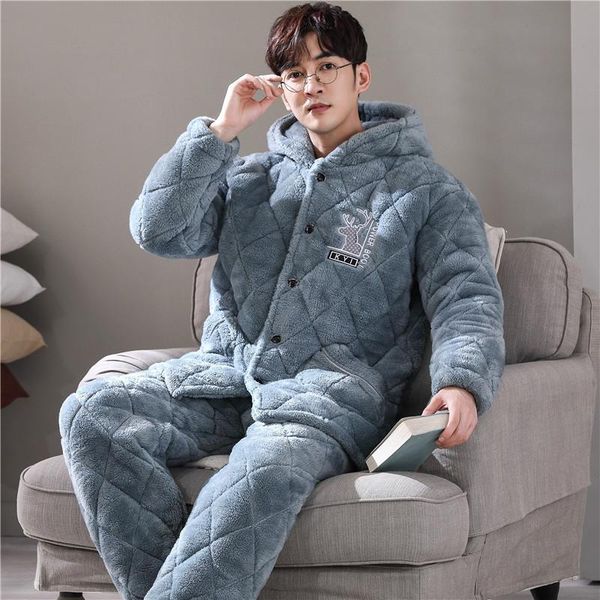 

men's sleepwear winter men casual thick warm pajamas set flannel long solid nightwear homewear turn down collar pyjama homme, Black;brown