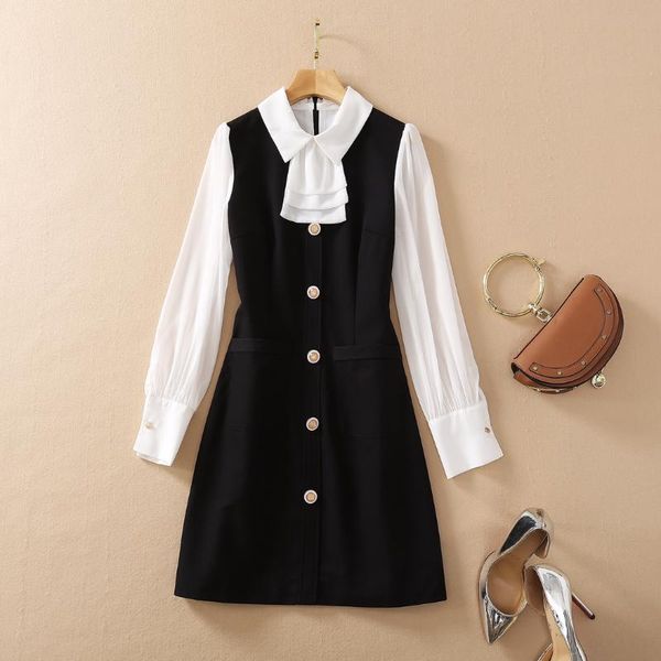 

casual dresses spring nice bow collar color block buttons dress, Black;gray