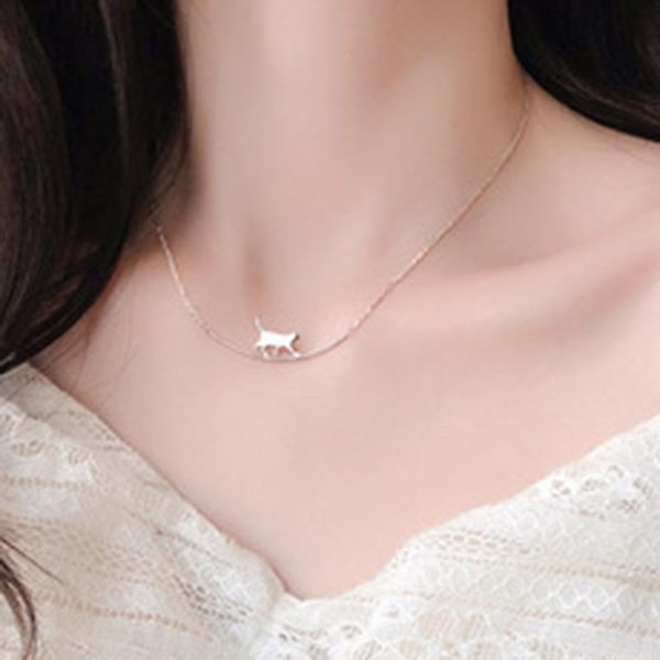 

pendant necklaces lovely walking tightrope cat necklace for women girls stainless steel kitten & smile charm choker fashion trendy jewelry g, Silver