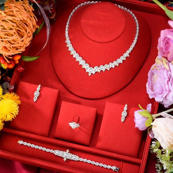 

earrings & necklace soramoore trendy 4pcs luxury shiny charm statement jewelry set for women wedding cubic zircon cz african dubai bridal, Silver