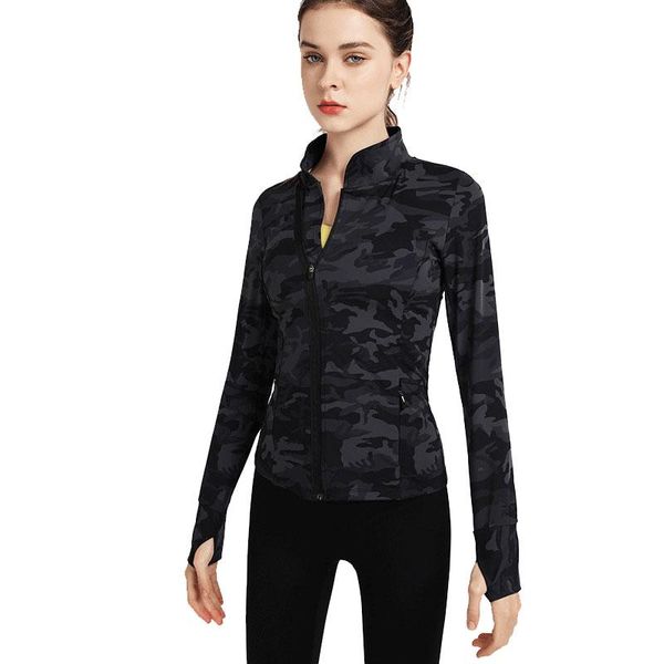 

arrival yoga quick dry fitness camouflage comprehensive workout clothes for women coat zipper sports blouse running jackets, Black;red