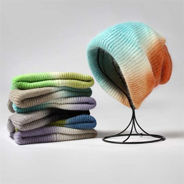 

visrover 7 colors space dyed rabbit fur beanies winter hat for woman colorful hand dye autumn warm skullie knitted hat 211119, Blue;gray