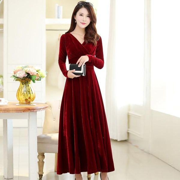

casual dresses 2021 women spring autumn gold velvet long-sleeved maxi dress slim large v-neck female banquet for bl 139, Black;gray
