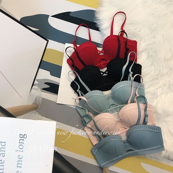 

bras sets cute half cup upper thin lower thick small bra traceless rimless underwear suit, Red;black