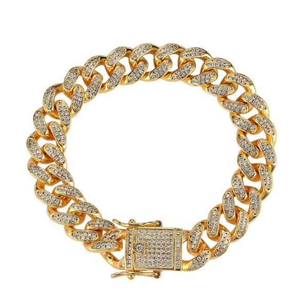 

link, chain fashion bling 12mm 7inch 8inch brass iced out bracelet for men copper cz cuban hip hop jewelry gift, Black