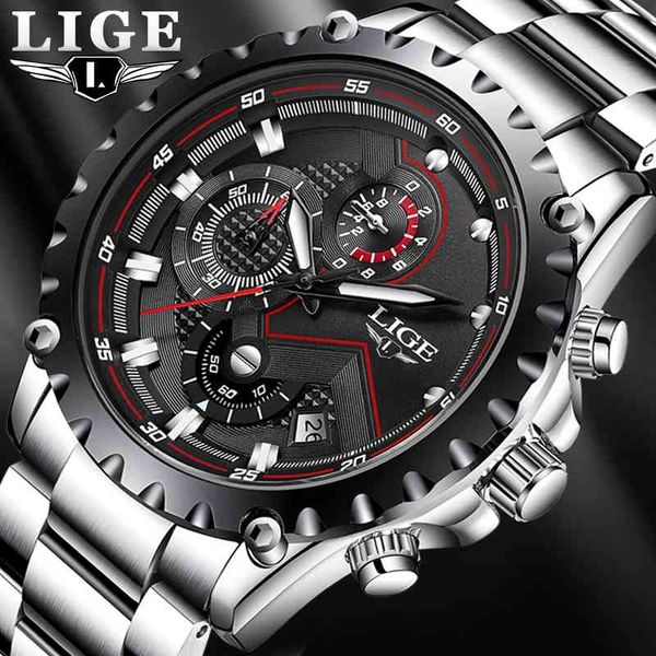 

2021 lige fashion mens watches luxury brand silver stainless steel 30m waterproof quartz watch men army military chronograph