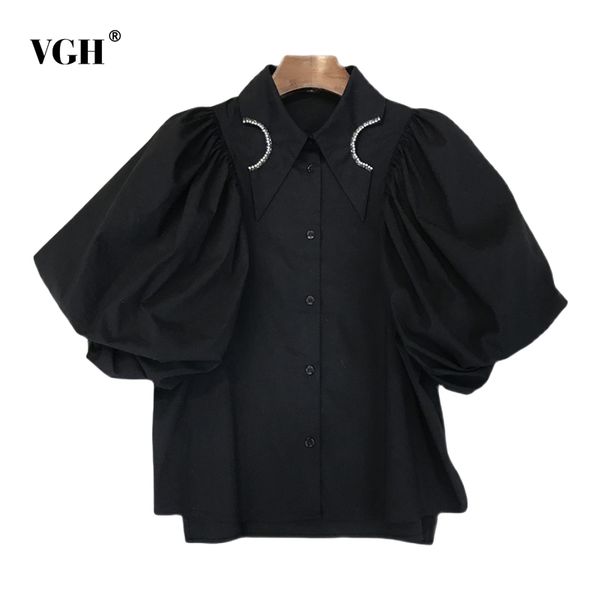 

vgh white korean shirts for women lapel puff short sleeve irregular patchwork diamond casual blouses female summer clothing 210421