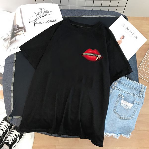 

women's t-shirt female vintage creativity zipper lips summer fashion casual red lip short sleeve black s 2z5k, White