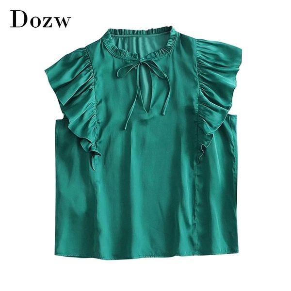 

chic women green ruffle blouses bow tie hollow out shirt female short sleeve solid casual blouse blusas mujer 210515, White
