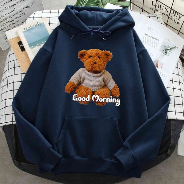 

men's bear print hoodie, casual fashion loose polar sweater, autumn and winter hoodie, Black