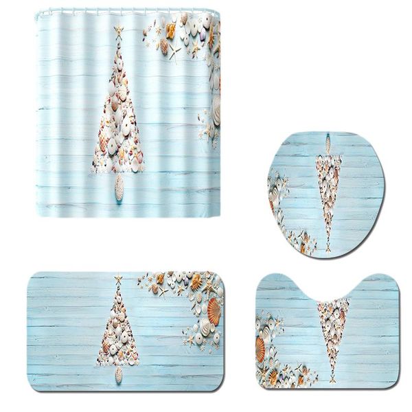 

bath mats 4 sets of small fresh conch bottom carpet + bathroom mat and waterproof shower curtain,non-slip toilet cover cushion set