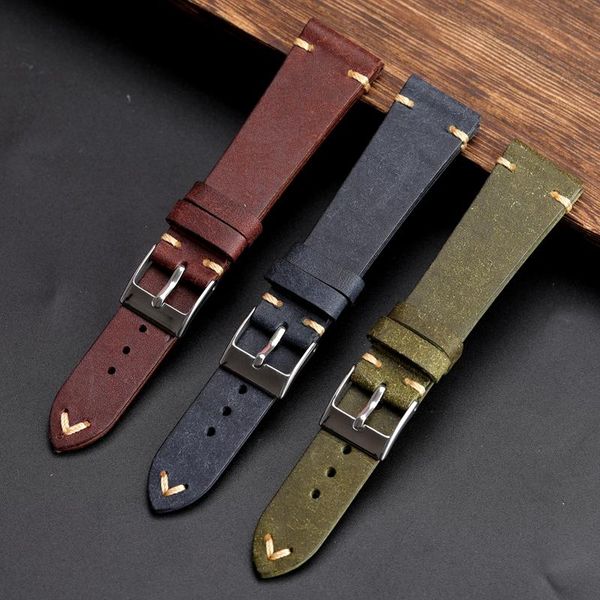 

watch bands handmade ltalian pueblo leather strap 18 19 20mm matte green blue brown bracelet, suitable for antique watches, Black;brown