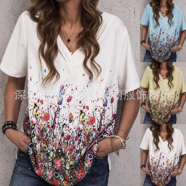 

women's t-shirt summer short sleeve v-neck print loose wear, White