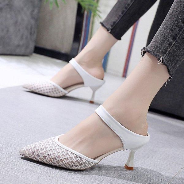 

shoes slippers women summer low cover toe heeled mules slides pantofle fashion high 2021 luxury thin pointed cotton fabric rubbe, Black