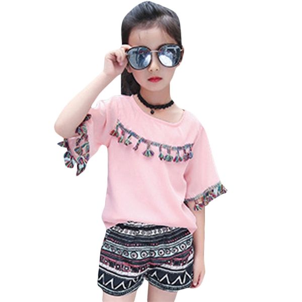 

children's summer clothing fashion girls tassels chiffon shirt+print shorts 2 pcs teen girl clothes for 3 4 6 8 10 12 210528, White
