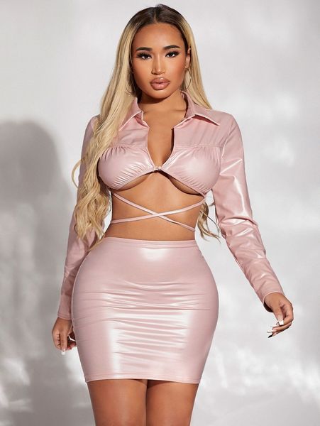 

sxy crisscross tie back crop pu leather & bodycon skirt i3te#, White